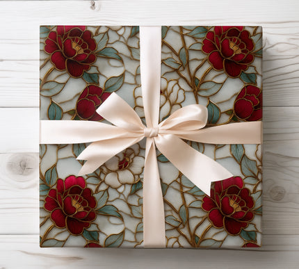 Rich floral stained glass design in gold and red hues, creating a regal and artistic gift wrap experience. 