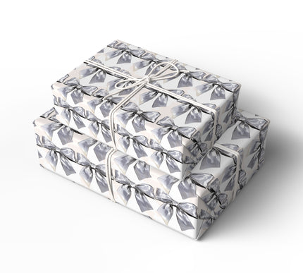 SatinCharm – Glossy Silver Satin Bow Wrapping Paper