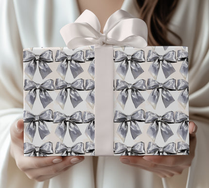 SatinCharm – Glossy Silver Satin Bow Wrapping Paper
