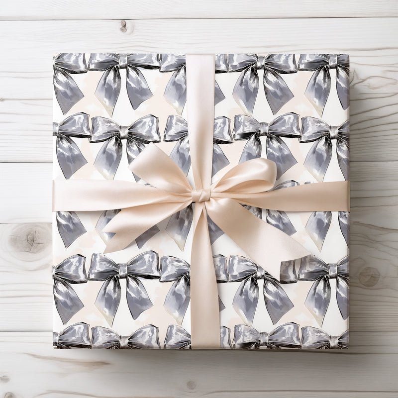 SatinCharm – Glossy Silver Satin Bow Wrapping Paper