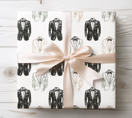 Stylish black and white tuxedo design, perfect for wrapping gifts with a sleek and classy touch. 