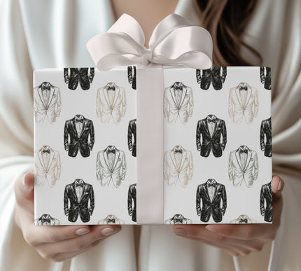 SharpDrape – Classic Black and White Tuxedo Suit Wrapping Paper