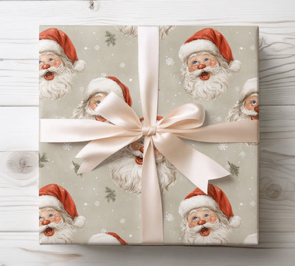 Classic vintage Santa face with a bright red nose set against a snowy beige backdrop, ideal for nostalgic holiday gifts. 