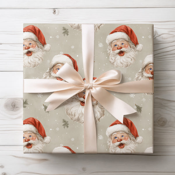 Snorgrim Jollynose – Vintage Santa head with red nose on snowy beige background wrapping paper