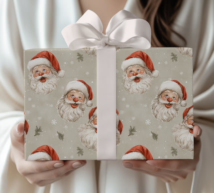 Snorgrim Jollynose – Vintage Santa head with red nose on snowy beige background wrapping paper