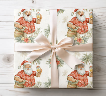 Festive Hawaiian Santa design with tropical vibes, perfect for cheerful holiday gift wrapping with a beachy twist. 