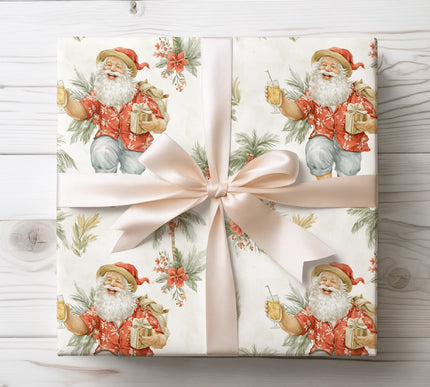 Bright and fun tropical-themed Santa wrapping paper, perfect for holiday gifts with a sunny twist. 