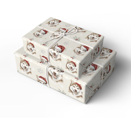 MerryHusky – Husky Dog in Santa Hat with Snowflakes Wrapping Paper