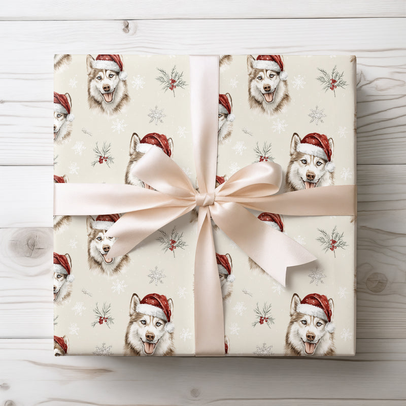 MerryHusky – Husky Dog in Santa Hat with Snowflakes Wrapping Paper