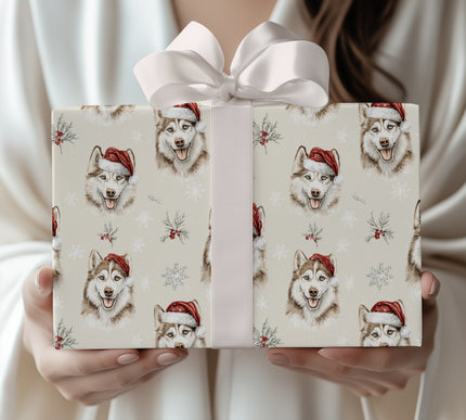 MerryHusky – Husky Dog in Santa Hat with Snowflakes Wrapping Paper