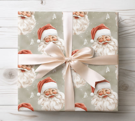 Cheerful Santa faces winking and smiling on a soft snowy background, adding whimsy to holiday presents. 