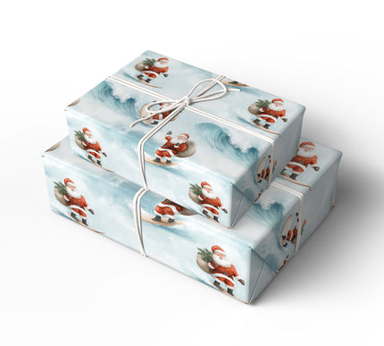 Arctic Tidings – Santa surfing with gift bag on winter ocean waves wrapping paper