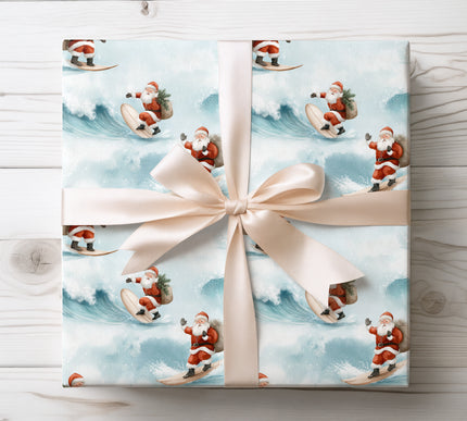 Playful design of Santa surfing winter waves with a bag of gifts, ideal for a unique holiday gift wrap. 
