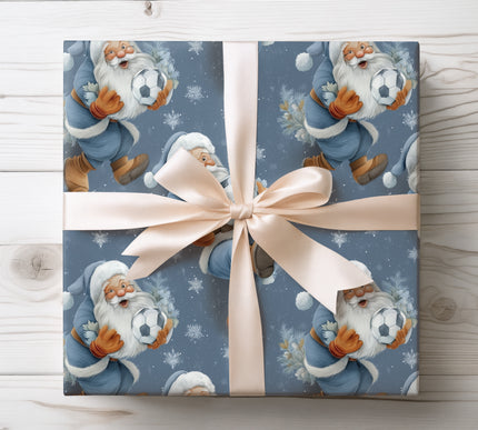 Fun holiday wrapping paper featuring Santa playing soccer, perfect for sports fans during the festive season. 