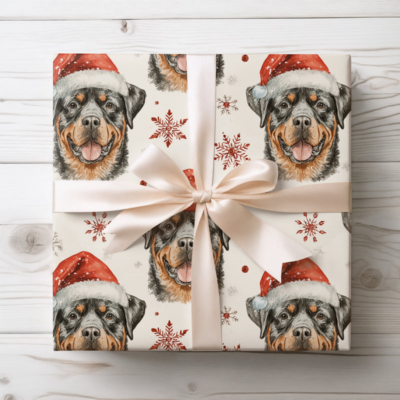 Rottie Cheer – Rottweiler Dog Christmas Pattern with Red Hat and Snowflakes Wrapping Paper