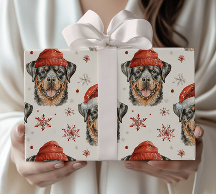 Rottie Cheer – Rottweiler Dog Christmas Pattern with Red Hat and Snowflakes Wrapping Paper