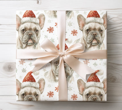 Cute French Bulldog dressed for the holidays, ideal for joyful and unique Christmas gift presentation. 