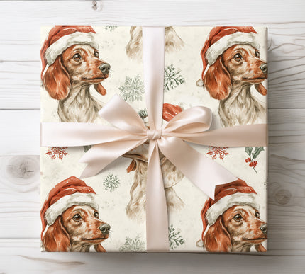 Charming dachshund wearing holiday attire, perfect for wrapping gifts with a festive, playful spirit. 