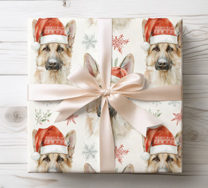 Wintery design of a German Shepherd surrounded by snowflakes, adding a seasonal touch to gift wrap. 