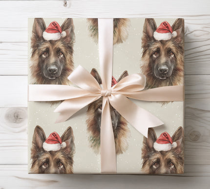 Cheerful wrapping paper featuring a German Shepherd in a holiday theme, perfect for dog lovers’ gifts. 