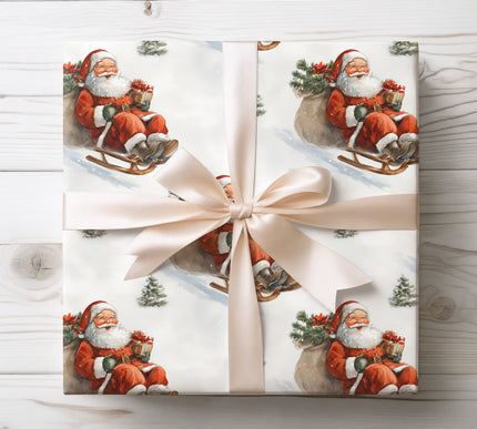 Classic holiday scene of Santa sledding through snow, great for traditional festive gift wrap. 