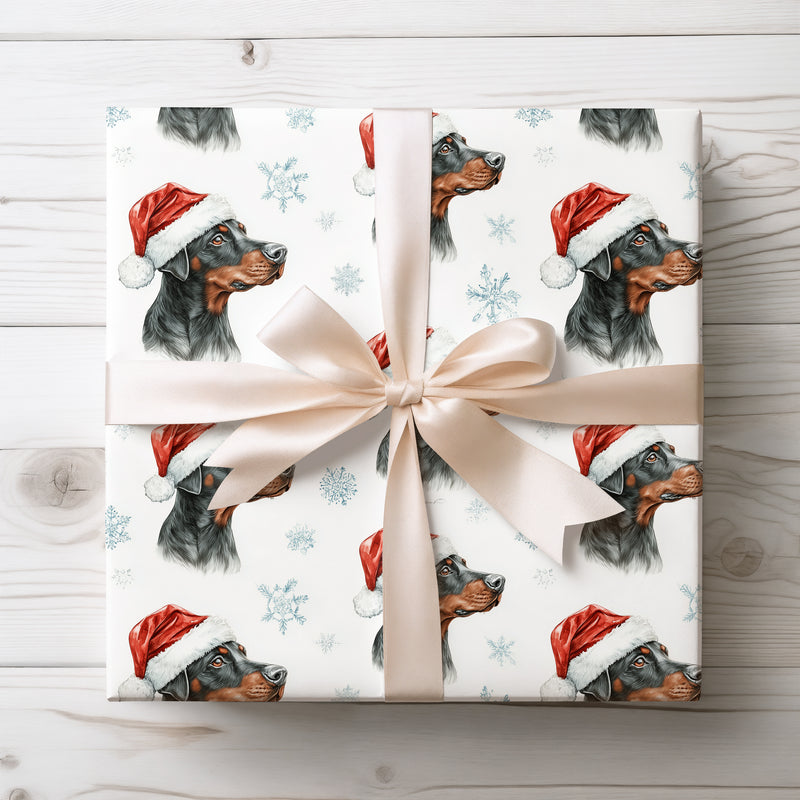 Snow Sentinel – Dobermann in Santa Hat with Snowflakes Christmas Wrapping Paper
