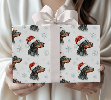 Snow Sentinel – Dobermann in Santa Hat with Snowflakes Christmas Wrapping Paper