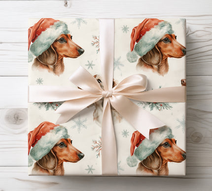 Cute canine with a snowy snout design, adding whimsy and warmth to Christmas gift wrapping. 