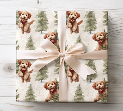 Lively holiday wrapping paper showcasing joyful dogs in festive settings, perfect for cheerful gift presentation. 