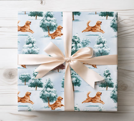 Heartwarming design of a playful Golden Retriever in the snow, ideal for wrapping seasonal presents. 
