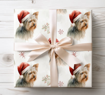 Festive wrapping paper featuring a cheerful Yorkie with a Santa hat, perfect for holiday gifts for dog lovers. 