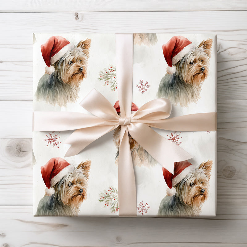 Yorkie Cheer – Yorkshire Terrier Christmas Dog with Santa Hat Wrapping Paper