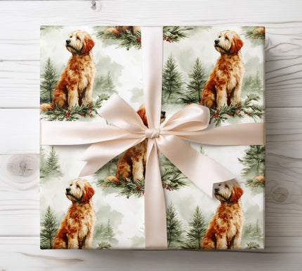 Cute forest-themed wrapping paper showcasing a friendly Goldendoodle, perfect for dog lovers and nature enthusiasts. 