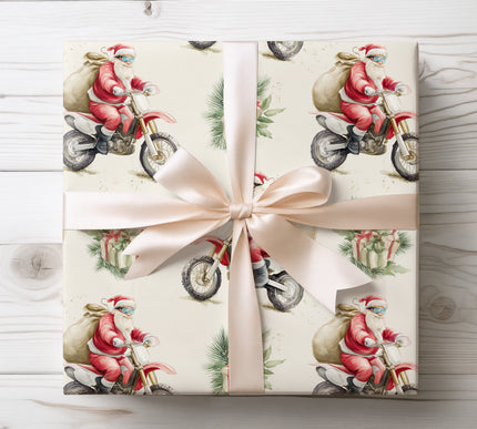 Dynamic design featuring Santa on a motocross bike with gifts, great for energetic holiday gift wrap. 