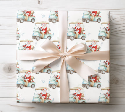 Unique holiday wrapping paper with Santa cruising in a golf cart, adding a playful twist to gift presentation. 