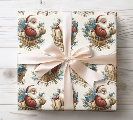 Whimsical wrapping paper showing Santa on a shopping cart loaded with presents, perfect for fun holiday wrapping. 