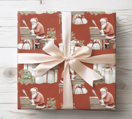 Delightful wrapping paper featuring Santa Claus playing piano, adding musical joy to holiday gifts. 