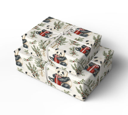 PineHug – Adorable pandas hugging presents among snowy pine branches Wrapping Paper