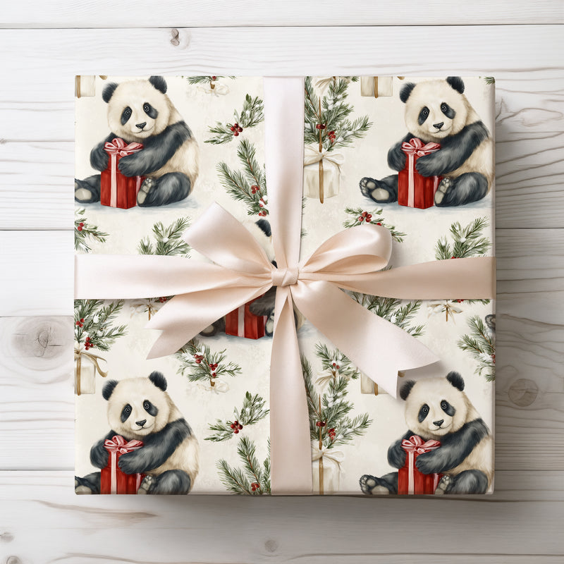 PineHug – Adorable pandas hugging presents among snowy pine branches Wrapping Paper