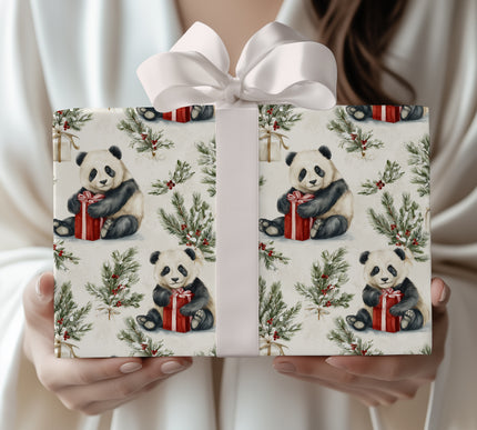 PineHug – Adorable pandas hugging presents among snowy pine branches Wrapping Paper