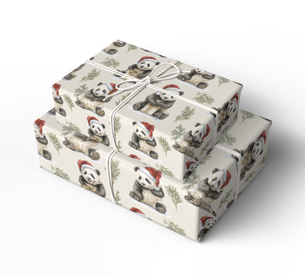SantaCubs – Christmas pandas in Santa hats surrounded by festive greenery Wrapping Paper