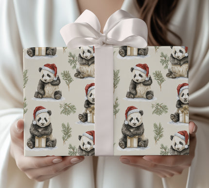 SantaCubs – Christmas pandas in Santa hats surrounded by festive greenery Wrapping Paper