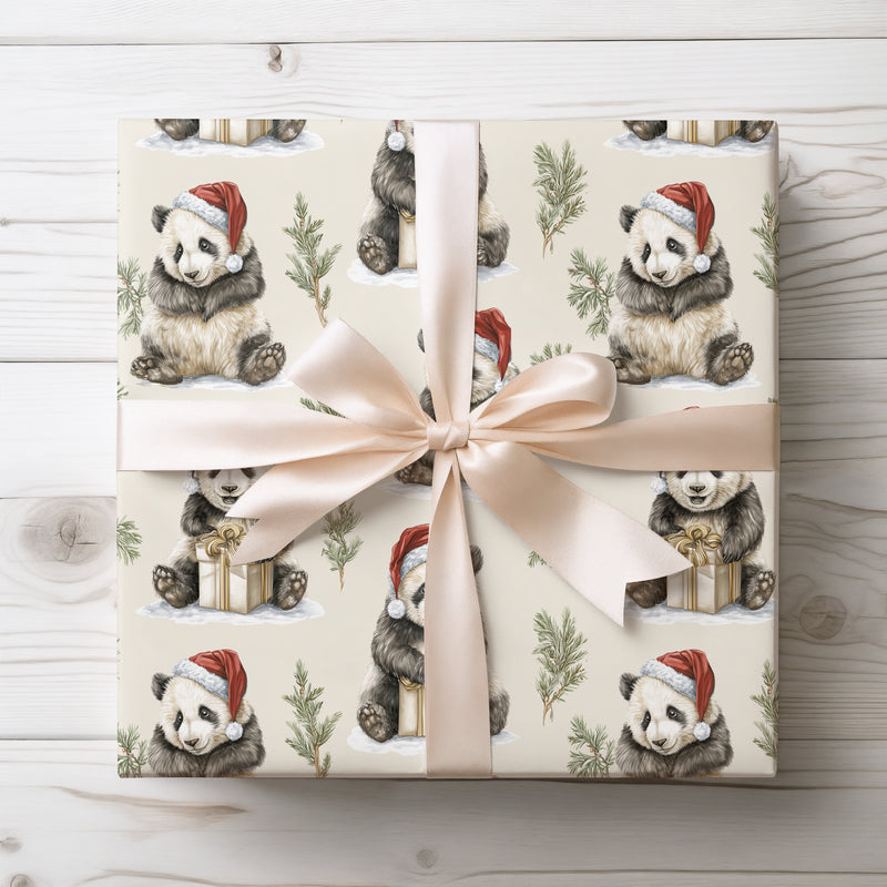 SantaCubs – Christmas pandas in Santa hats surrounded by festive greenery Wrapping Paper