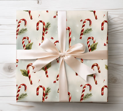 Classic candy cane design in vibrant red and white stripes, perfect for cheerful holiday gift wrapping.