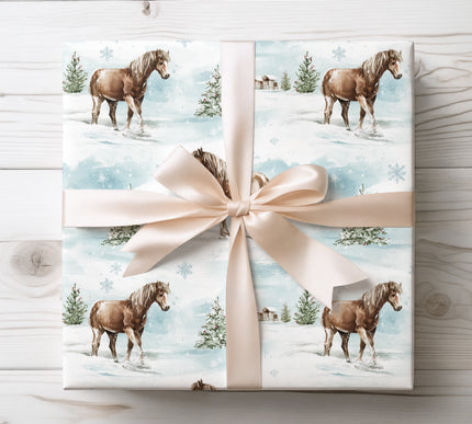 Beautifully illustrated brown horse in a snowy setting, ideal for rustic and winter-themed gift wrapping.