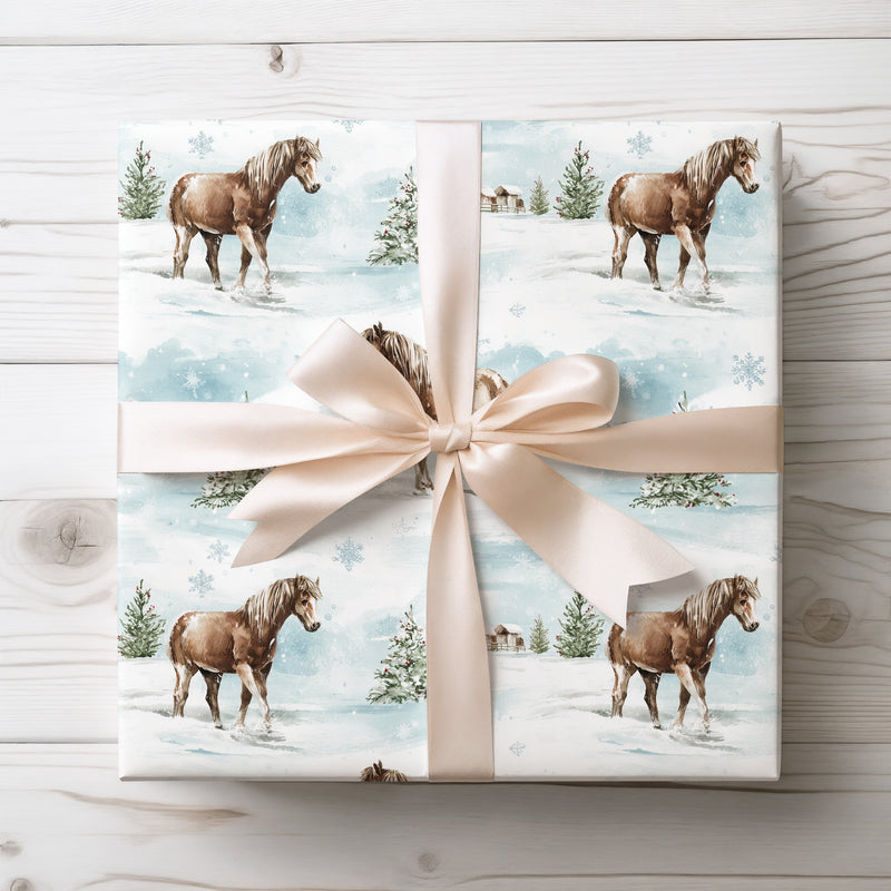 WinterSteed – Brown Horse in Snowy Landscape Wrapping Paper