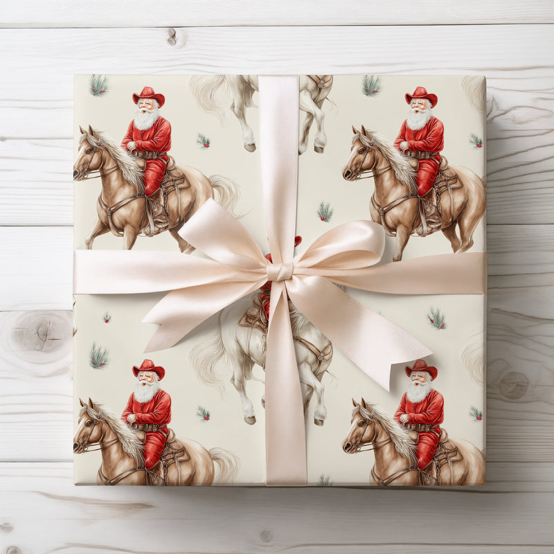 Yule Cowboy Santa – Santa on a Horse with Cowboy Hat Wrapping Paper