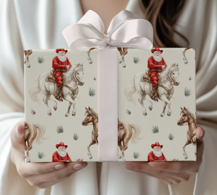 Yule Cowboy Santa – Santa on a Horse with Cowboy Hat Wrapping Paper