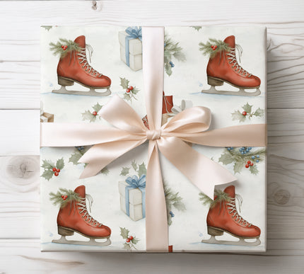 Playful holiday wrapping paper showcasing red ice skates and presents, adding charm to winter celebrations.