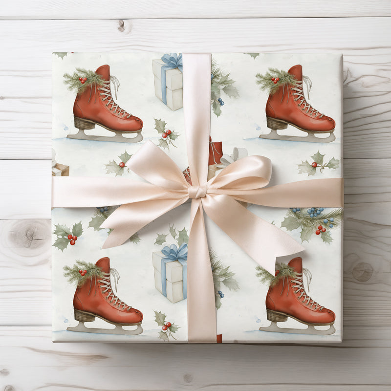 Winter Skate Charm – Red Ice Skates and Gifts Festive Christmas Wrapping Paper